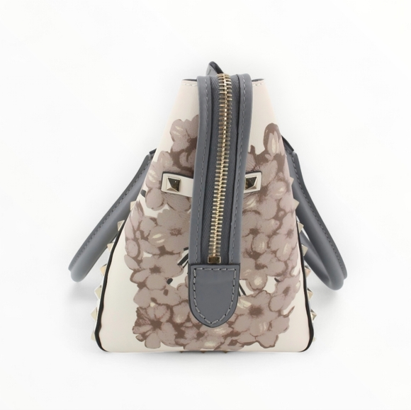 Valentino Garavani Floral Rockstud Crossbody 2way Tote Bag Gray Cream Leather - Picture 3 of 10